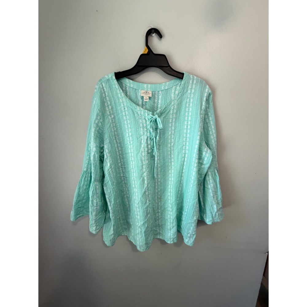 St Johns Bay Aqua Mint Cotton Embroidered Bell Sleeve Peasant Top XL
